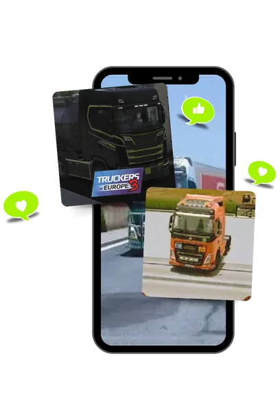 Mobile screen showing Truckers of Europe 3 gameplay with floating truck images and reaction icons for truck selection.